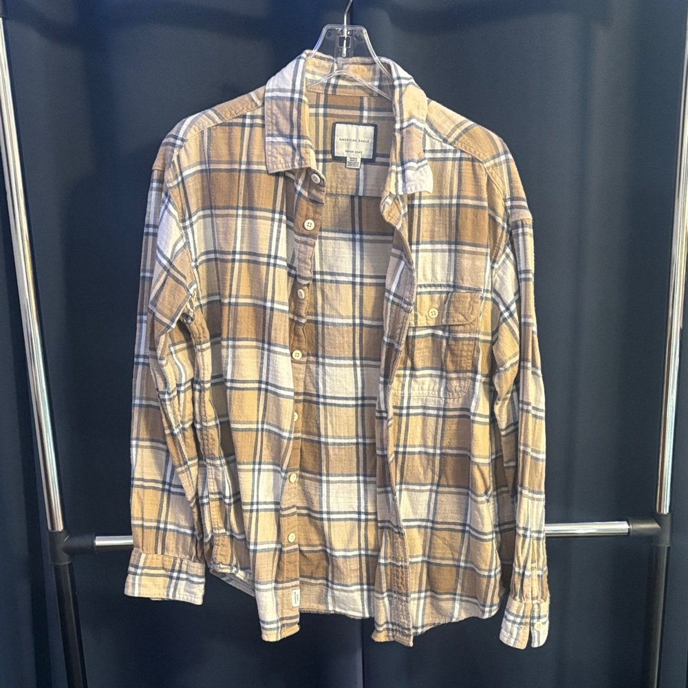 American Eagle Outfitters Tan and Blue Checkered Shirt